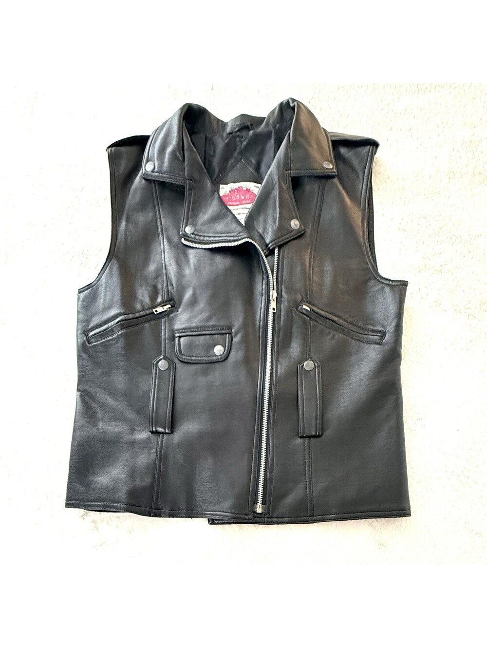 Highway Women’s M Black Faux Leather Biker Moto Vest Zip Pockets Y2K